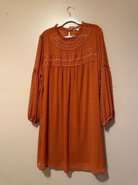 Boho Swiss Dot Lace Yoke Long Sleeve Dress - Rust